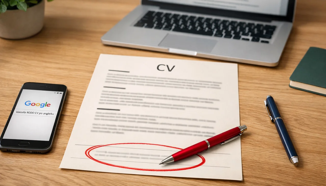 CV po angielsku na drewnianym biurku, czerwony długopis wskazuje stopkę, w której w polskim CV byłaby klauzula RODO
