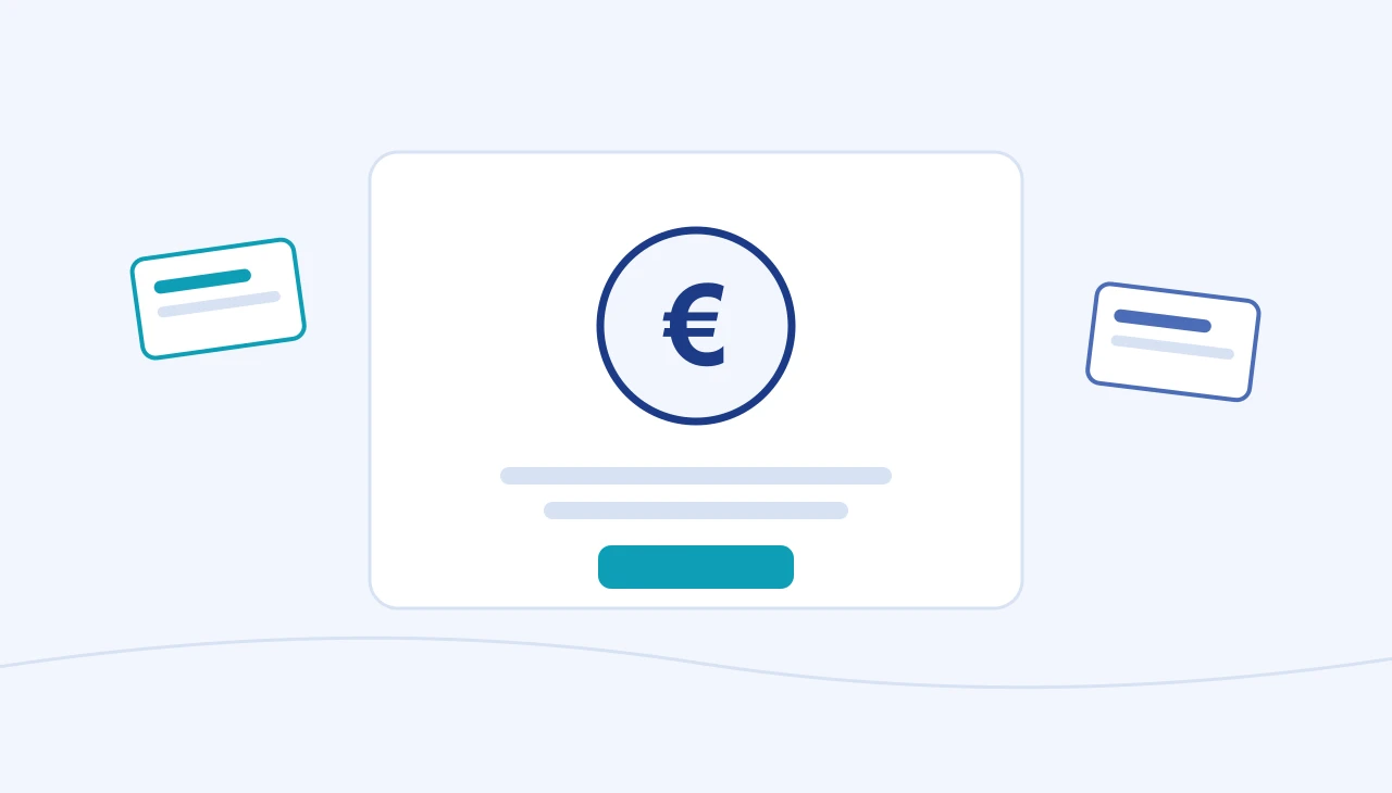 Duży symbol euro w okręgu na karcie oferty pracy, obok dwie mniejsze karty ogłoszeń