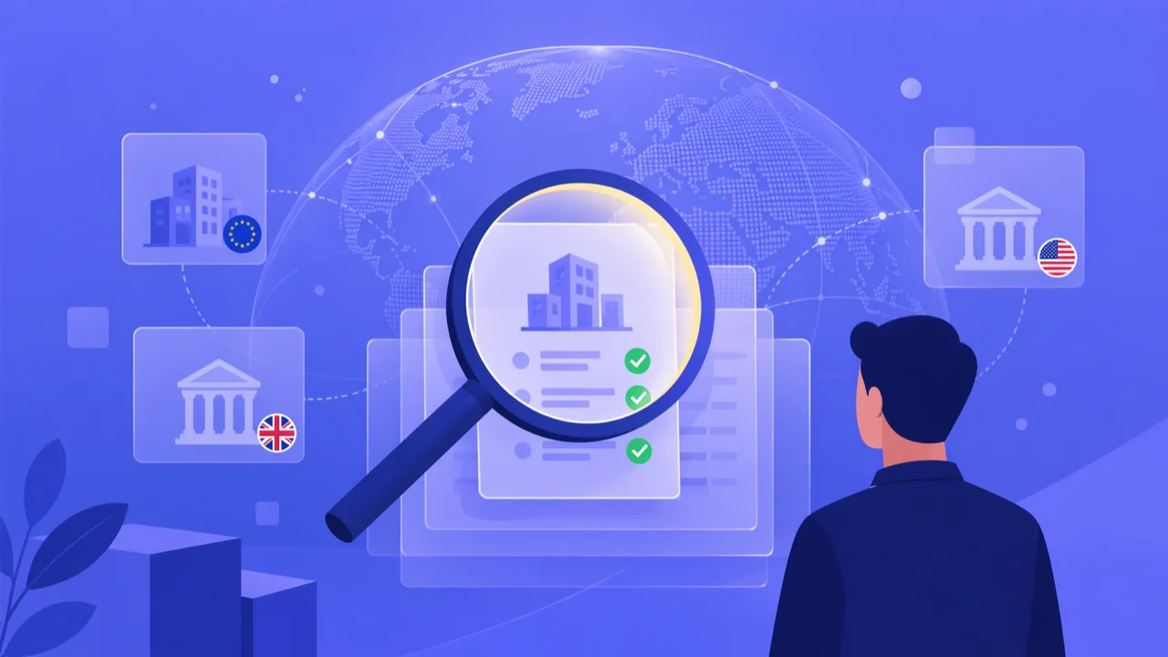 Weryfikacja zagranicznej firmy przed podpisaniem umowy B2B — lupa nad ikonami rejestrów handlowych UE, UK i USA ze znacznikami potwierdzenia due diligence i flagami krajów